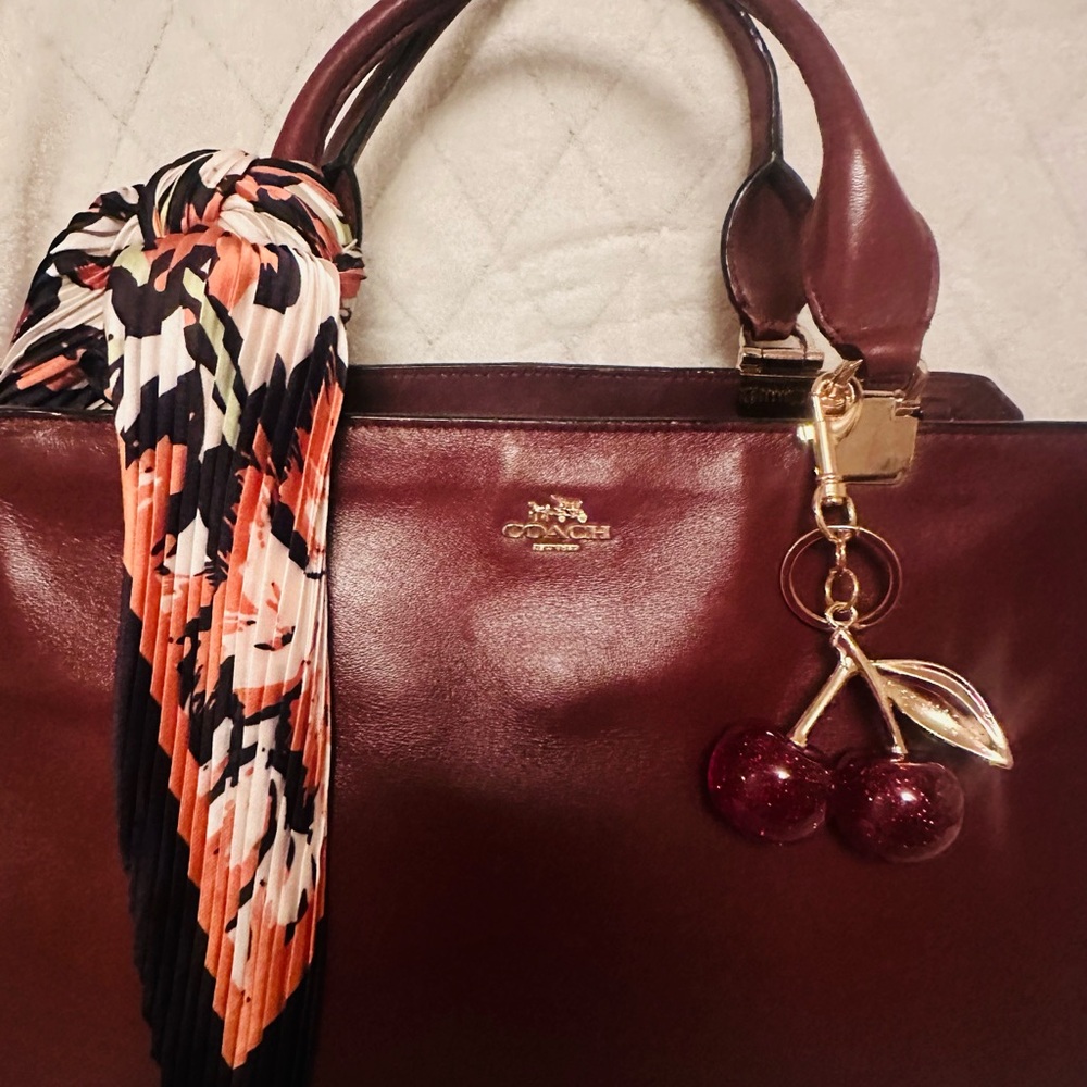 Coach Burgundy Leather Satchel with Cherry Charm and Floral Scarf - Picture 5 of 12